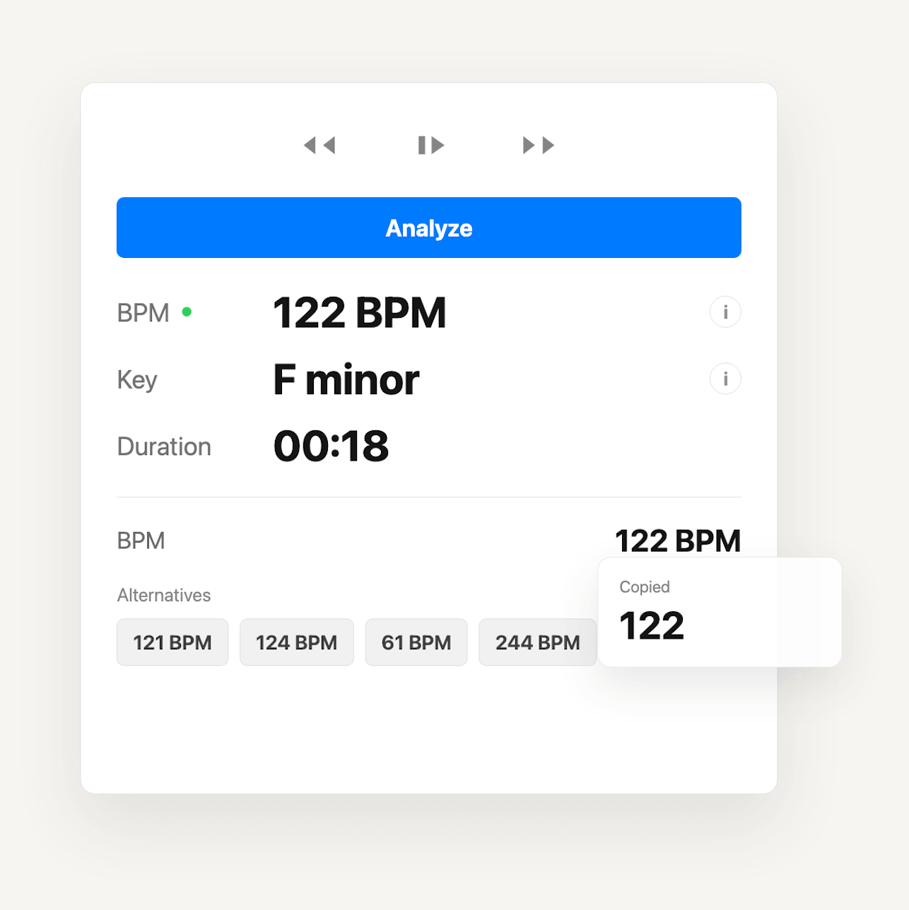 Hendel Audio copy result interface with BPM alternatives and copied feedback.