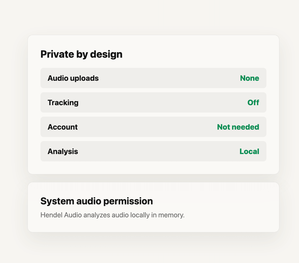 Hendel Audio privacy screen showing local analysis and no audio uploads.