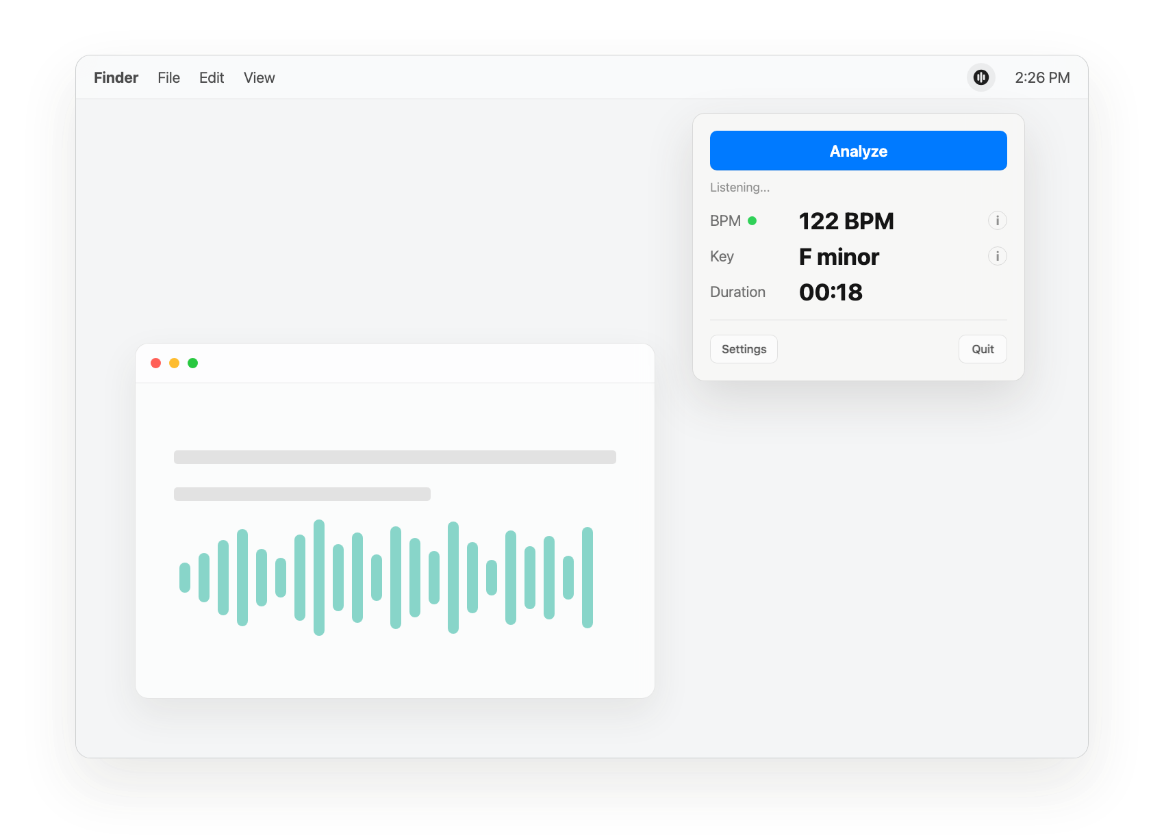 Hendel Audio menu bar BPM and key analyzer showing 122 BPM and F minor.