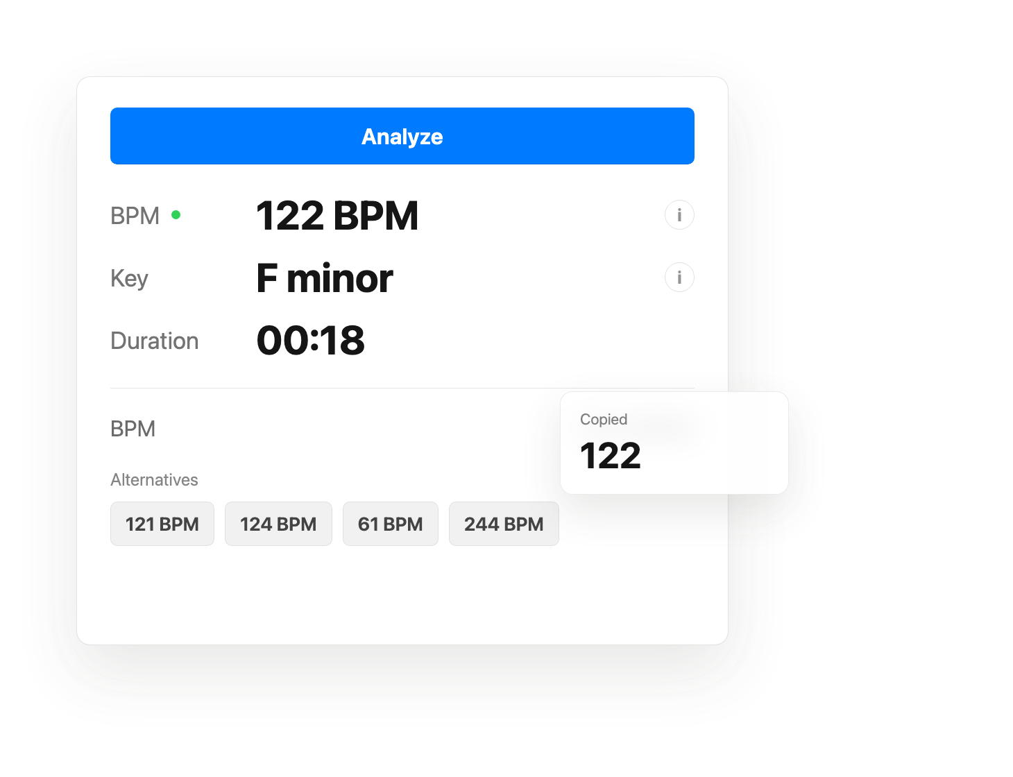 Hendel Audio copy result interface with BPM alternatives and copied feedback.