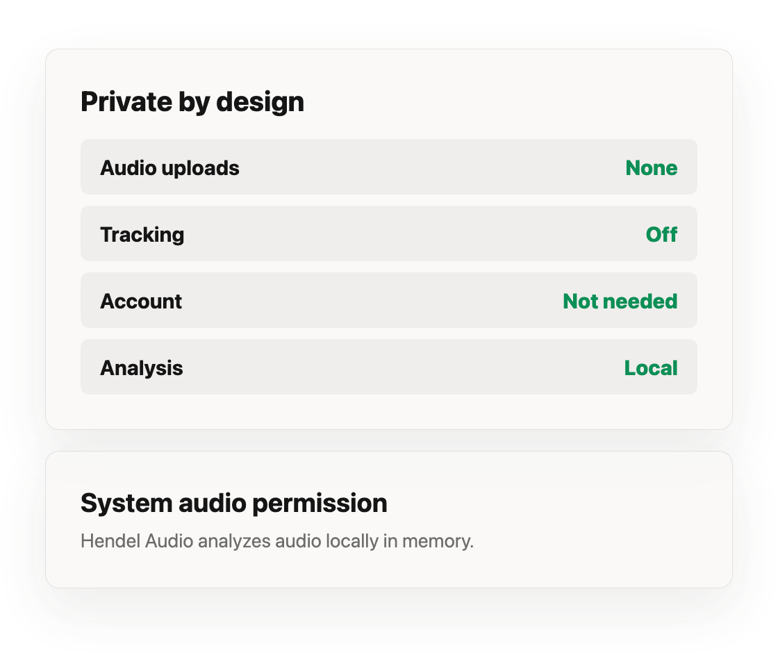 Hendel Audio privacy screen showing local analysis and no audio uploads.